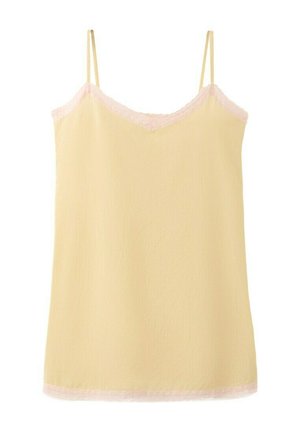 Gele mouwloze top met dunne bandjes en fijne lichtroze kanten afwerking langs de halslijn en zoom.