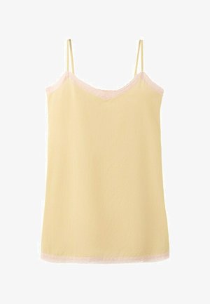 Gele mouwloze top met dunne bandjes en fijne lichtroze kanten afwerking langs de halslijn en zoom.