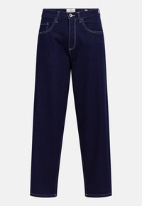 Dunkelblaue Jeans mit geradem Bein, kontrastierenden Nähten, fünf Taschen und einem Knopfverschluss an der Taille. Robuste Textur und klassisches Design.