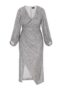 Hopeinen paljettimekko, jossa kietaisumalli, pitkähihaiset hihat, syvä V-pääntie ja epäsymmetrinen helma, jossa on rypytettyä tekstuuria vartalossa.