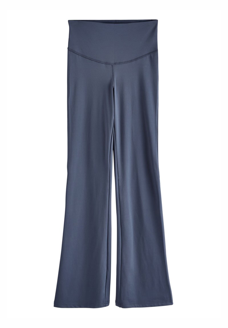 Pantalon de yoga bleu foncé taille haute à jambes larges, avec une taille lisse et sans coutures, en tissu doux et extensible.
