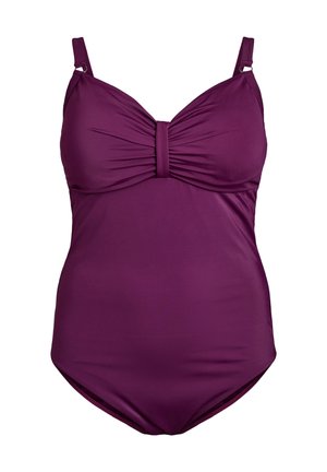 Violeta viengabala peldkostīms ar regulējamiem siksniņām, savākta korpusa detaļu un gludu, elastīgu auduma tekstūru.