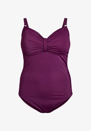 Violeta viengabala peldkostīms ar regulējamiem siksniņām, savākta korpusa detaļu un gludu, elastīgu auduma tekstūru.