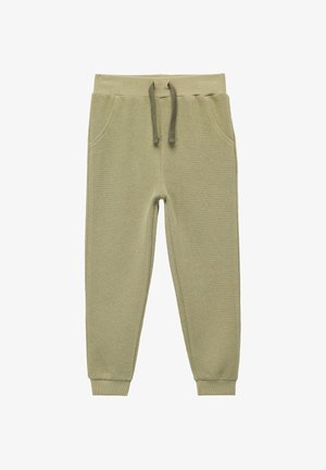 Jasnozielone dzianinowe spodnie dresowe z elastycznym pasem i sznurkiem do regulacji, z dwoma bocznymi kieszeniami i prążkowanymi mankietami na kostkach.