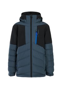 Grau und schwarze Daunenjacke mit einer Reißverschluss-Brusttasche, kontrastierendem blauen Reißverschluss und elastischen Bündchen; verfügt über eine Kapuze und Zickzacksteppnähten.