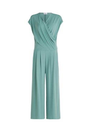 Muntgroene jumpsuit met kapmouwen, een gewikkelde buste, geplooide wijde benen en een gladde, rekbare stof.