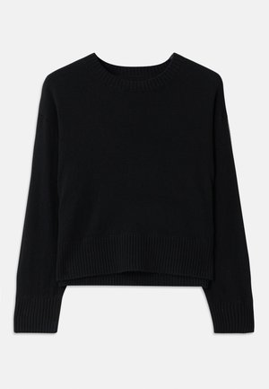 Pulover negru cu decolteu rotund, mansete și tiv ribbate. Prezintă un design scurt și o textură moale. Potrivit pentru ținute casual.
