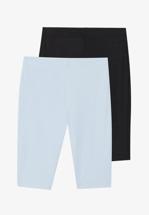 Dos pares de leggings: uno en azul claro y otro en negro. Ambos presentan una textura acanalada y una cintura alta, diseñados para mayor comodidad.