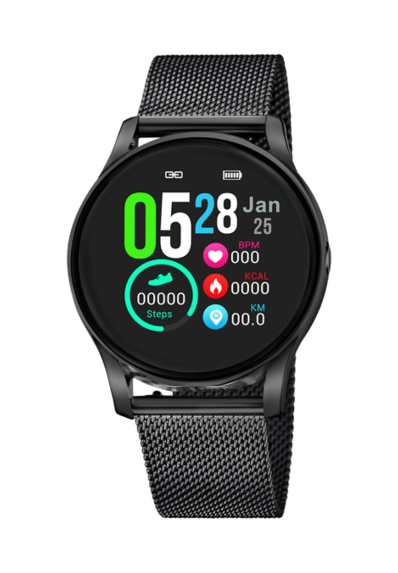 Montre connectée noire ronde avec un bracelet en maille affichant un écran numérique présentant des statistiques colorées pour le rythme cardiaque, le nombre de pas et la date.