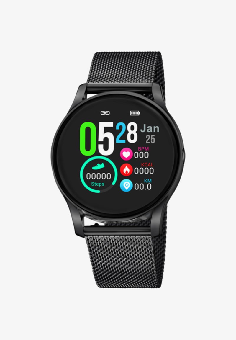 Czarny, okrągły smartwatch z siatkowym paskiem, wyświetlający cyfrowy ekran z kolorowymi statystykami dotyczącymi tętna, kroków i daty.
