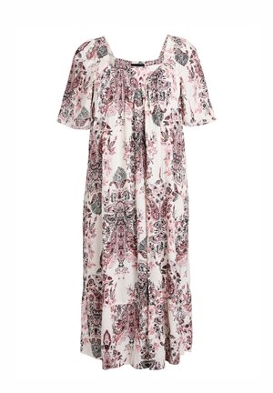 Weißes Midikleid mit kurzen Ärmeln, verziert mit pinken und schwarzen floralen Paisley-Mustern und einem gerafften Ausschnitt.