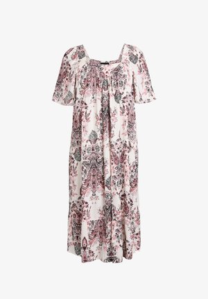 Weißes Midikleid mit kurzen Ärmeln, verziert mit pinken und schwarzen floralen Paisley-Mustern und einem gerafften Ausschnitt.