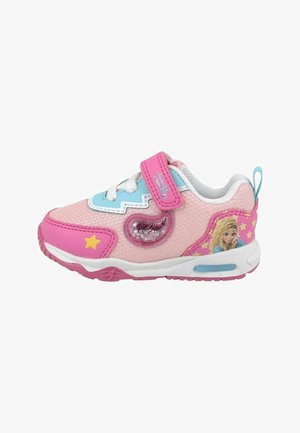 Scarpetta da bambino rosa e azzurra con cinturino in velcro, dettagli a stella, bolla glitterata e grafica di una bambina a fumetti sul tallone.