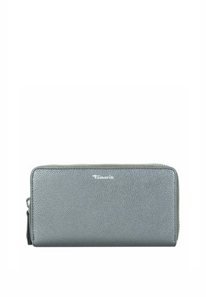 Gray textured zip-around wallet with Tamaris logo centered on front and zipper pull tab on the left side.