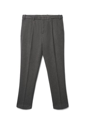Pantalons gris ajustés en tissu texturé, présentant une coupe droite, des passants de ceinture et deux poches avant.