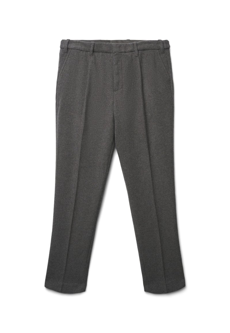 Graue maßgeschneiderte Hose aus strukturiertem Stoff, mit geradem Bein, Gürtelschlaufen und zwei vorderen Taschen.