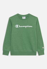 Groene sweatshirt van katoen, met een ronde halslijn en lange mouwen. Het heeft een groot wit "Champion" logo op de borst.