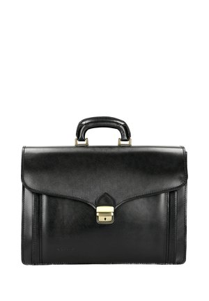 Czarna skórzana teczka z górnym uchwytem i zamknięciem na zamek w złotym odcieniu, przednią klapą i zwartym, prostokątnym kształtem.