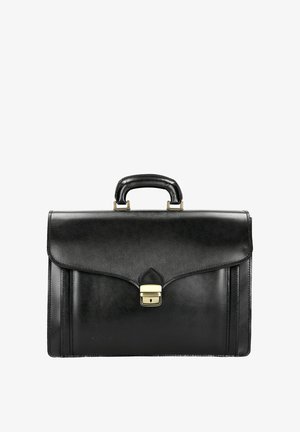 Valigetta in pelle nera con manico superiore e chiusura con serratura in tono oro, patta frontale e forma rettangolare strutturata.