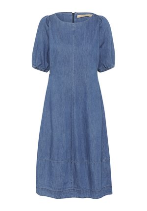 Denimové šaty, svetlomodré, krátke pufové rukávy, okrúhly výstrih, dĺžka po kolená so šitým lemom a zipsom na chrbte.