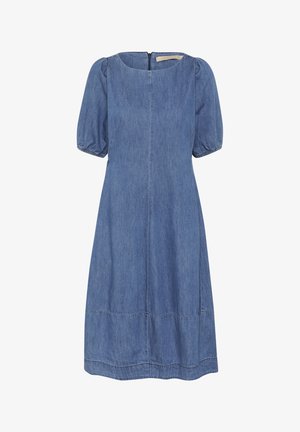 Denimové šaty, svetlomodré, krátke pufové rukávy, okrúhly výstrih, dĺžka po kolená so šitým lemom a zipsom na chrbte.