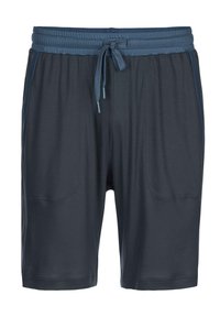 Shorts de sport gris foncé avec une taille élastique et un cordon de serrage, comprenant deux poches avant et des textures latérales contrastantes.