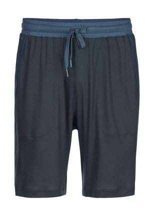 Donkergrijze sportieve shorts met een elastische tailleband en trekkoord, voorzien van twee voorzakken en contrasterende zijtexturen.