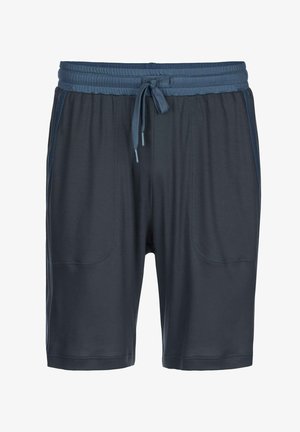 Donkergrijze sportieve shorts met een elastische tailleband en trekkoord, voorzien van twee voorzakken en contrasterende zijtexturen.