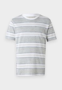 Striped short-sleeve t-shirt in light gray and white. Features horizontal stripes, a crew neck, and soft texture. Simple design.