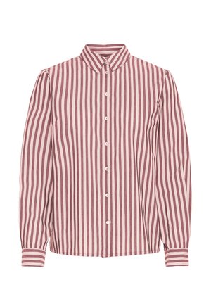 Randig skjorta i mörk rosa och krämfärgad. Har en spetsig krage, knappstängning och långa ärmar med knäppningar vid ärmsluten. Slät tygtextur.