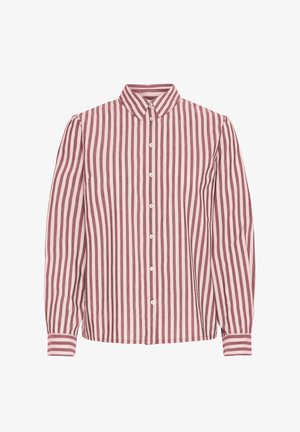 Striped shirt in dark pink and cream. Features a pointed collar, button closure, and long sleeves with buttoned cuffs. Smooth fabric texture.
