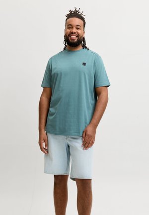 Smilende mand med flettet hår iført en teal kortærmet skjorte og lyse denimshorts, stående foran en ensfarvet hvid baggrund.