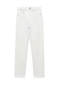 Vaqueros de mezclilla blanca con un corte relajado, piernas rectas, bajos deshilachados y diseño de cinco bolsillos. Cierre delantero con botón y cremallera.