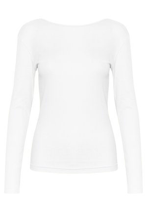 Haut blanc à manches longues en tissu côtelé, avec un col large et une silhouette ajustée. La texture est lisse et extensible.