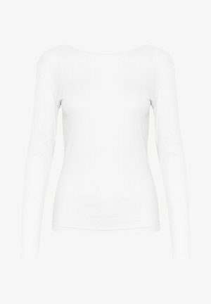 Weißes Langarmoberteil aus Rippstoff, mit weiter Ausschnitt und taillierter Silhouette. Die Textur ist glatt und dehnbar.