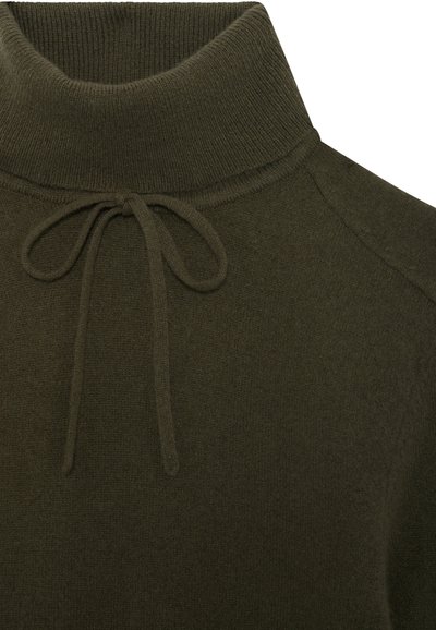 Suéter de punto verde oliva con cuello alto, que cuenta con un cordón en el cuello y una textura suave. Superficie plana y lisa.