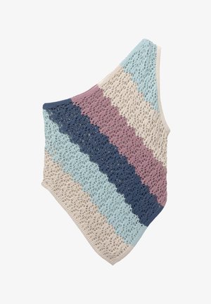 Häkelstola mit abwechselnden Streifen in Hellblau, Marineblau, Rosa und Beige. Filigranes Spitzenmuster in dreieckiger Form.