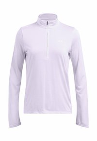 Light purple long-sleeve shirt with a quarter zipper and a mock collar. Features a white logo on the left chest. Soft, smooth fabric texture.
