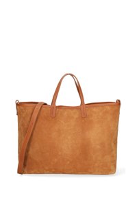 Borsa a tote in suede beige con manici in pelle e tracolla staccabile. La borsa presenta un design semplice senza hardware o motivi visibili.