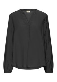 Black long-sleeve blouse with a v-neck, made from a lightweight, slightly crinkled fabric. Features elasticated cuffs and a relaxed fit.