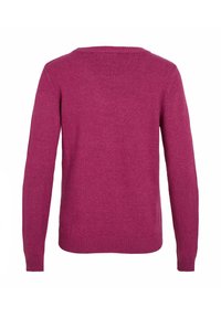Maglione fucsia a maniche lunghe realizzato in morbido tessuto a maglia, con scollo rotondo e polsini e orlo a costine, caratterizzato da una superficie liscia.