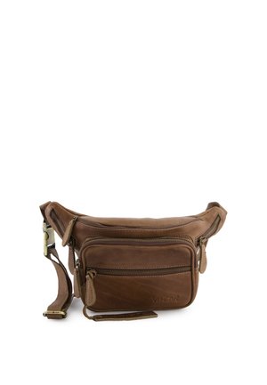 Brun lædermave taske med flere lynlåslommer og en justerbar rem.