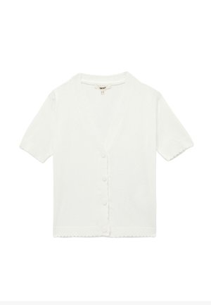 Cárdigan blanco de manga corta con cuello en V, cierre de botones y bordes festoneados. Hecho de un material de punto suave.