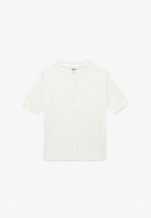 Witte korte mouwen cardigan met een V-hals, knoopsluiting en geschulpte randen. Gemaakt van een glad gebreid materiaal.