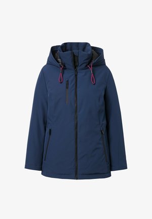 Navy blue hooded jacket with front zipper, two side zip pockets, chest zip pocket, and pink drawstrings on the hood.