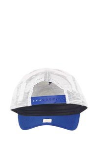 Blue baseball cap with a white mesh back, curved brim, and snapback closure. Features a solid blue underside and subtle branding tag.