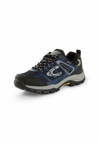Męskie buty outdoorowe w ciemnoniebieskim kolorze z czarnymi akcentami. Posiadają siateczkową cholewkę, solidną gumową podeszwę i odblaskowe detale. Sznurowana konstrukcja zapewnia pewne dopasowanie.