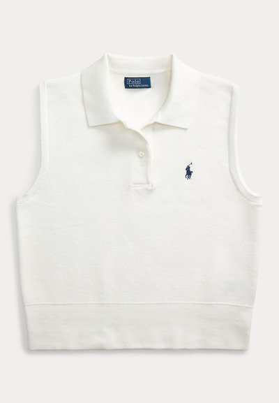 White sleeveless polo shirt with a textured fabric, flat collar, and single button placket. Features a dark blue embroidered logo on the chest.
