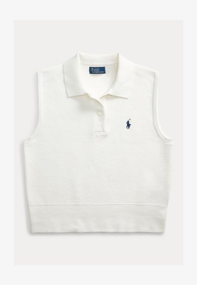 White sleeveless polo shirt with a textured fabric, flat collar, and single button placket. Features a dark blue embroidered logo on the chest.