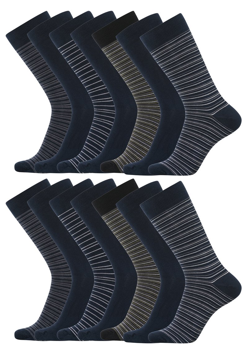 Sæt med 12 par sokker i marineblå nuancer, varierede teksturer, ensfarvede og stribede mønstre samt elastiske manchetter. Glat stoffinish.